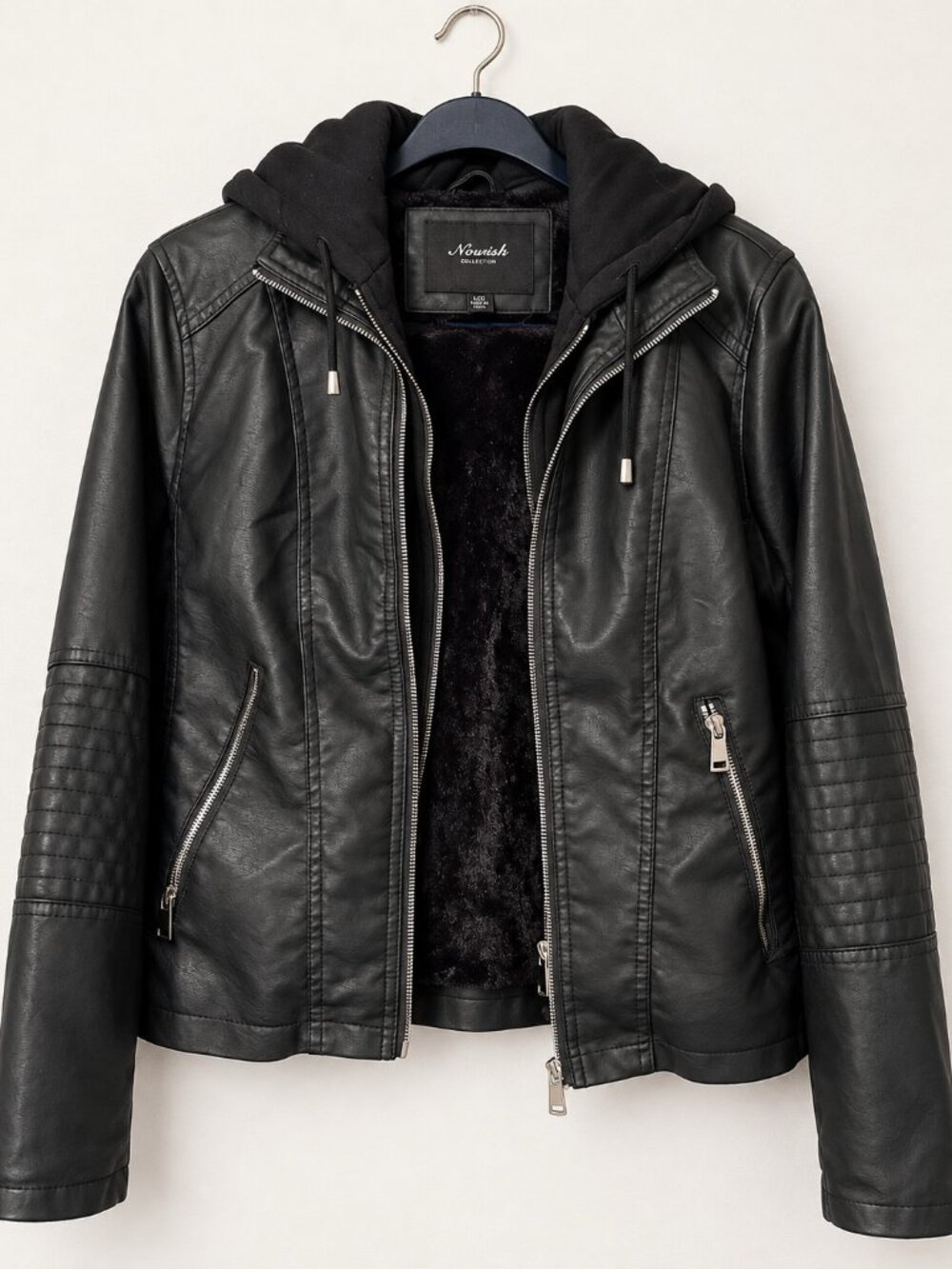 Women’s Novish Collection Black Faux Leather Hooded Moto Jacket PXL Petite XL